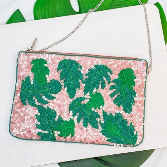 Handbags - Sequined Pink Leaf Cross Body